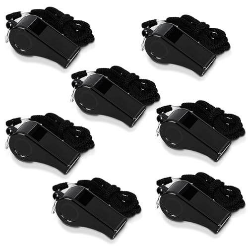 SANNIX Whistles, 7 Pack Plastic Coaches Whistles with Lanyard Sports Whistle Loud Crisp Sound Whistles for Referees Training Gyms Emergency, Black