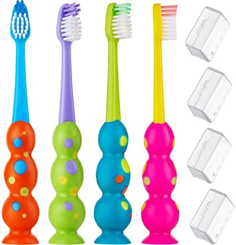 Kids Toothbrush 4 Pack - Soft Bristles with Suction Cup - Toothbrush Kids, Child Sized Brush Heads, 3-10 Year Old Kid Toothbrush with Easy Storage - Toddler, Girl and Boy Set (4-Pack, Multi-Color)