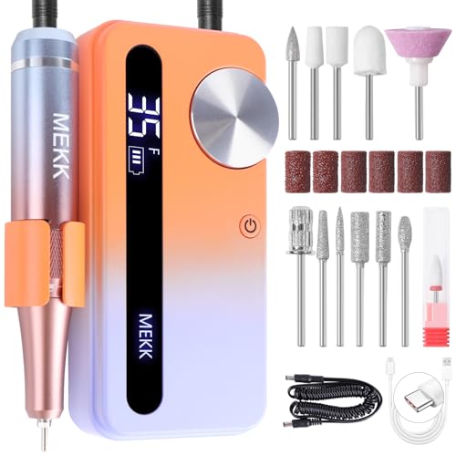 MEKK Nail Drill,35000RPM Cordless Nail Drill Professional Electric Nail File with 12PCS Bits,Anti-Shaking Rechargeable E File Kit for Acrylic Nails,Home & Salon(Orange Blue)