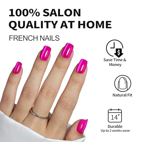 Soft Gel Hot Pink Press on Nails Short - Cat Eye Press on Nails Square for Women Gift, Natural Fit & Glossy Stick on Nails with Glue in 16 Sizes - 32 Reusable Fake Nails, Hot Pink