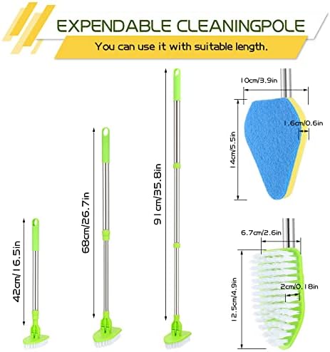 Scrub Cleaning Brush with Long Handle 2 in 1 Extendable Bathroom Floor Brushes with 2 Stiff Bristles and 4 Sponge with Long Handle Detachable Tile Lightweight Cleaner for Bathtub Shower