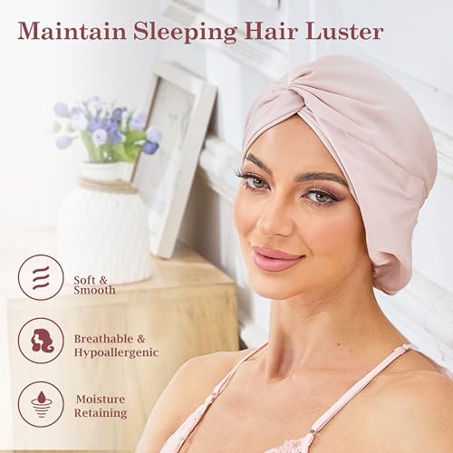 Adjustable Silk Satin Bonnet for Sleeping Hair Wrap, Double Layer Sleep Cap, Night Turban for Large Long Curly Braid Women Men Hair - Pale Blush Pink