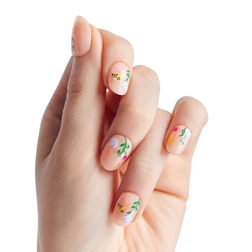 WICKED X KISS Press On Nails, ‘There's Joy’, Neutral, Short Oval, Waterproof, Chip Proof, Smudge Proof, 28 Fake Nails, Pink Gel Nail Glue (2g), Mini Nail File, & Manicure Stick