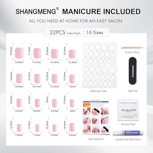 Soft Gel Hot Pink Press on Nails Short - Cat Eye Press on Nails Square for Women Gift, Natural Fit & Glossy Stick on Nails with Glue in 16 Sizes - 32 Reusable Fake Nails, Hot Pink