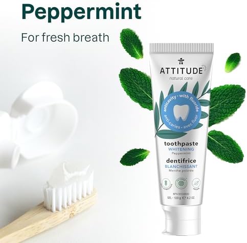 ATTITUDE Toothpaste with Fluoride, Prevents Tooth Decay and Cavities, Vegan, Cruelty-Free and Sugar-Free, Whitening, Peppermint, 4.2 Oz (Pack of 2)