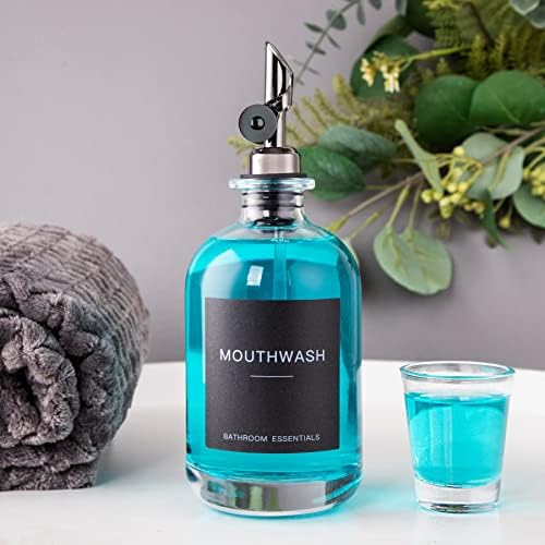 Black Glass Mouthwash Dispenser with Cups, 12.7 oz, 2 Pack - Clear Mouthwash Bottle with 304 Stainless Steel Spout & Minimalist Labels, Style Mouthwash Container for Bathroom
