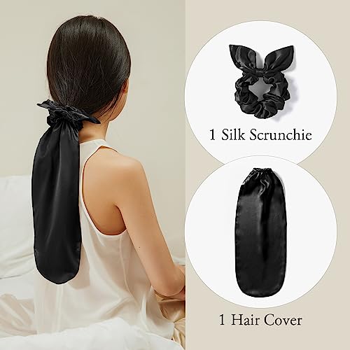 LILYSILK 100% Silk Bonnet for Sleeping & Daily Usage, 2-in-1 Silk Hair Ties with Silk Scrunchies for Long and Curly Hair Elastic Adjustable for Women Ladies and Girls Black