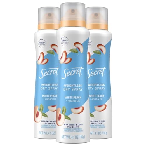 Secret Dry Spray Antiperspirant Deodorant for Women, 48hr Weightless Sweat & Odor Protection, Gentle on Skin, White Peach & Argan Oil Scent, 4.1 oz (Pack of 3)