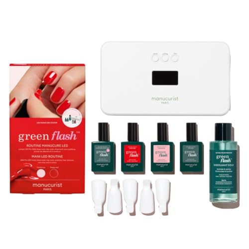Manucurist - New Green Flash Slim Gel Nail Polish Kit - 36W LED Nail Lamp with Base Coat + Top Coat + 2 Colors: Poppy Red Polish & Pale Pink Hortencia + Gel Nail Lamp + Polish Remover + Nail Clipsel