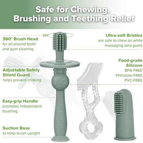 haakaa Training Toothbrush Set Oral Care Kit, Soft Silicone Toothbrush for Baby, Infants, Toddlers & Kids, Pea Green