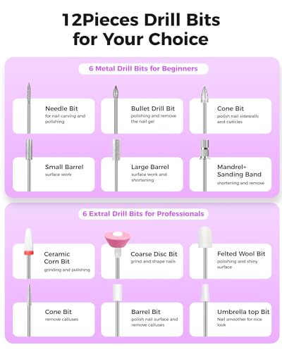 Electric Nail Drill Professional Kit: 45,000 RPM USB Rechargeable Efile Nail Drill Nail File with 12 Bits for Polishing Gel/Acrylic Nails- Portable Manicure Tool Set for Salon/Home-Black