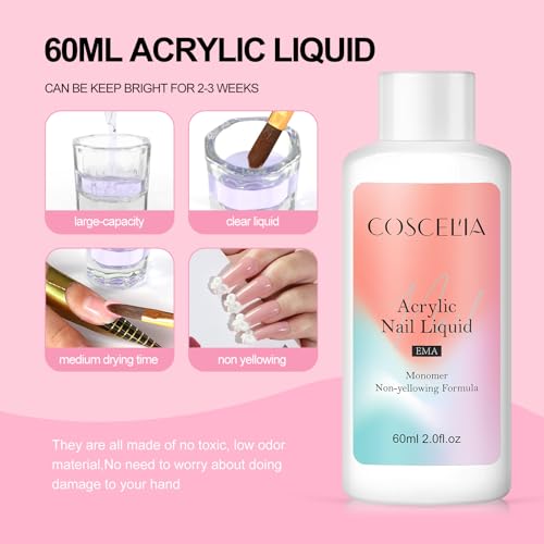 COSCELIA Acrylic Nail Kit for Beginners with Everything, Professional Nail Kits with Drill U V Light 4 Colors Acrylic Powder 24Pcs Glitter Decorations DIY Extension Nails Home Salon for Women