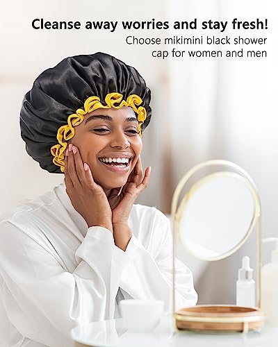 mikimini Small Black Shower Caps for Child 2 Packs, Double Layers Waterproof Bathing Hair Cap with Reusable Soft Comfortable PEVA Lining, Cute, Non-fading & Stretchy Shower Hat