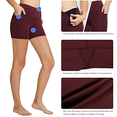 BALEAF Biker Shorts Women Yoga Gym Workout Spandex Running Volleyball Tummy Control Compression Shorts with Pockets 5" Wine Red XS