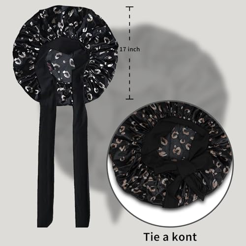 Black Bonnet Satin Silk Hair Bonnet With Tie Band for Sleeping Large Bonnets Hair Wrap with Adjustable Straps Hair Sleep Caps for Women Curly Braid Hair