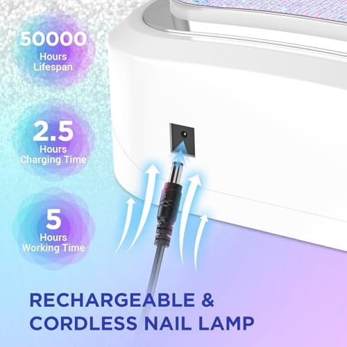 Cordless Nail Lamp, Rechargeable UV Nail Lamp for Gel Nails, LED Nail Lamp with 4 Timer Modes, Gel Nail Light Decorate with Sparkling Nail Rhinestones Diamond (Sparkly Diamond and White)