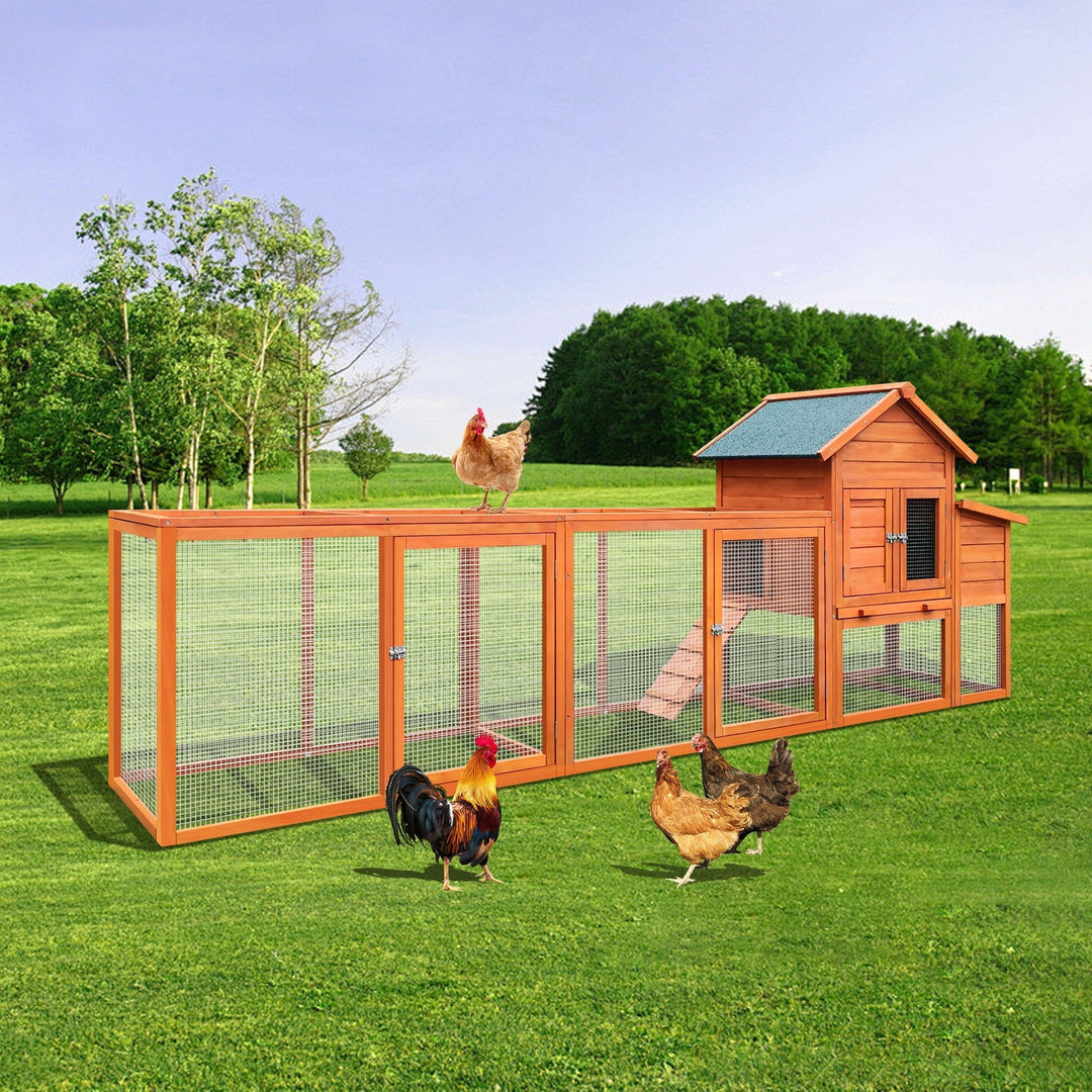 122＂Large Chicken Coop,  Wooden Hen House with Run, Nesting Box, Sliding Door, Removable Tray, Weatherproof Poultry Cage for Backyard