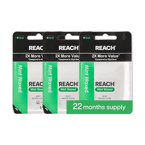 REACH Waxed Dental Floss, Mint, 2X More Value, Plaque Remover for Teeth, Shred Resistant, Floss Slides Smoothly, Easy to Use, Waxed, for Adults & Kids, Oral Care, PFAS Free, 3 Pack, 115 yd