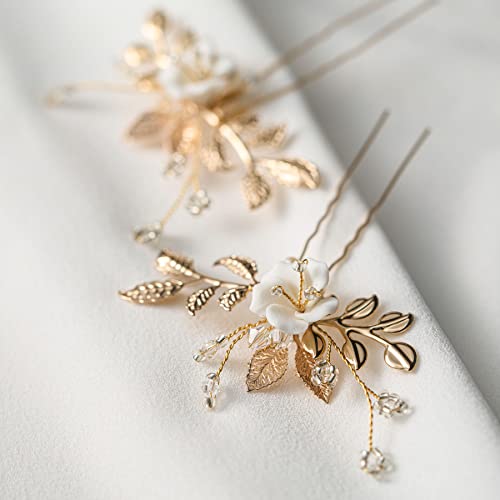 SWEETV 2Pcs Bridal Hair Accessories,Gold Wedding Hair Pins Pieces With White Flowers for Brides