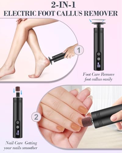 2 in 1 Electric Foot Callus Remover, 9 Speed Adjustable Foot Sander with LED Display, Electric Foot Grinder with 2000 mAh Rechargeable Battery, for Callus Removal, Replaceable Sandpaper Discs (Black)