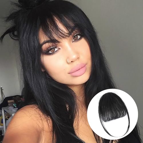 BOGSEA Clip in Bangs Real Human Hair Bangs Hair Clip with Temples Hairpieces for Women Natural Looking Fringe Hair Extension for Daily Wear(Wispy Bangs, (Black))