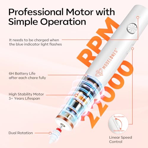 Modelones Electric Nail Drill, 14 Pcs Cordless Nail File with LED Light for Acrylic Gel Dip Powder Nails, Professional Nail Efile Kit with Nail Drill Bits & Sanding Bands for Quick Manicure Pedicure