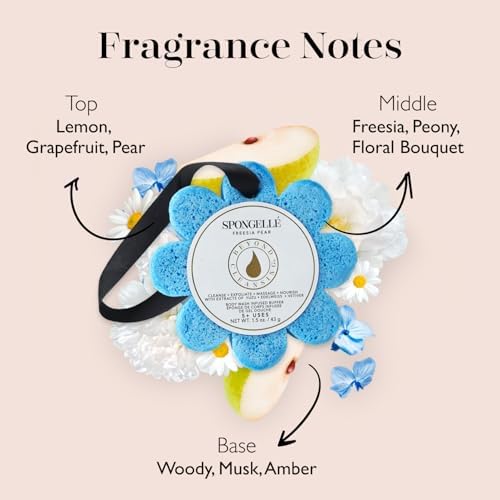 SPONGELLÉ Spongelle Freesia Pear Wild Flower Buffer Body Scrubber | Bath & Shower Loofah for Women | Exfoliator with Body Wash Infused Sponge | 14+ uses