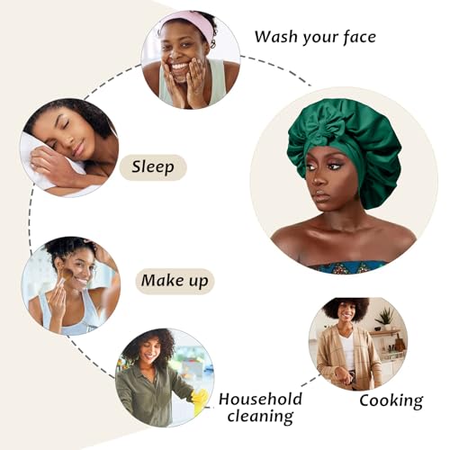 AWAYTR Satin Bonnet for Women Tie Band Hair Bonnet Large 2 Layered Silk Sleeping Cap Nightcap with 3PCS Hair Scrunchies (Green)