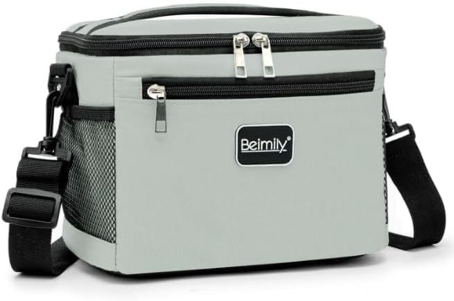 BEIMILY Lunch Bag for Women/Men,Reusable Lunch Box Small Cooler Bag Soft Sided,Leakproof Cooler Bag for Office Work Picnic Beach with Adjustable Shoulder Strap (light grey), 2311A