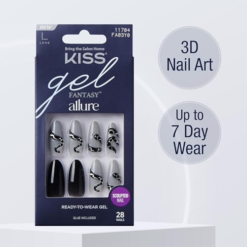 KISS Gel Fantasy 28 Pcs Press On Nails, Long Almond Fake Nails, Black Grey Snake Design Stick On Extensions, Reusable Full Cover Kit with Glue, Manicure Stick & File, 7 Day Wear, Vegan & Cruelty Free