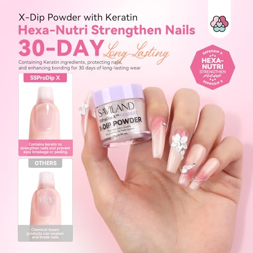 SAVILAND Dip Powder Nail Kit Starter: All Season Dip Nail Starter Kit Set with 4 Colors Clear White Nude Dipping Powder 2-in-1 Dip Base & Top Activator for French Nail Art Manicure DIY Home