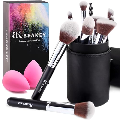 BEAKEY Makeup Brushes Sets, Brush Sets with Makeup Sponges (10+2pcs, with Black Case)