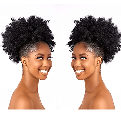 Afro Puff kinky curly Drawstring Ponytail Extension for Women Synthetic Short Afro Kinkys Curly Afro Bun Extension Hairpieces Updo Hair Extensions with Two Clips(1B)