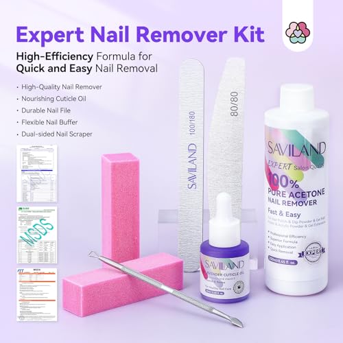 SAVILAND 100% Acetone Nail Polish Remover Kit: Ultra-Powerful Gel Remover with Cuticle Oil Rich in Castor Oil & VE for Repairing Nail, Nail File Buffer Tools for Dip Acrylic Remove Home Salon 8.45 Oz
