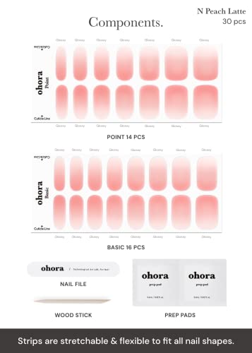 ohora Semi Cured Gel Nail Strips (N Peach Latte) - Pink, Jelly, Works with Any UV/LED Lamps, Salon-Quality, Long Lasting, Easy to Apply & Remove - Includes 2 Prep Pads, Nail File & Wooden Stick