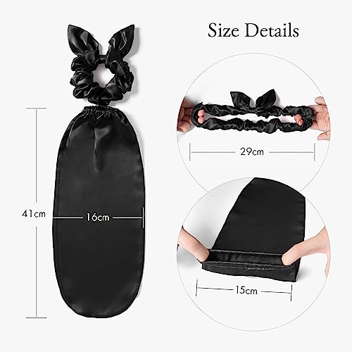 LILYSILK 100% Silk Bonnet for Sleeping & Daily Usage, 2-in-1 Silk Hair Ties with Silk Scrunchies for Long and Curly Hair Elastic Adjustable for Women Ladies and Girls Black