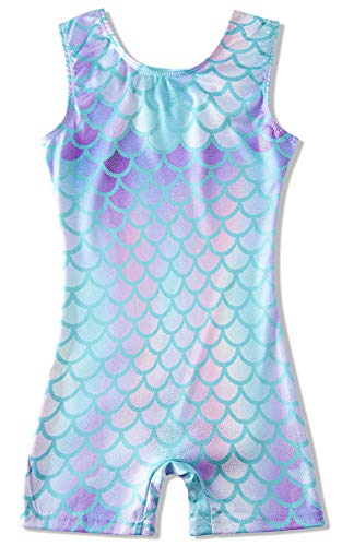uideazone Mermaid Leotard for Girls 5t 6t Gymnastics One piece Quick Dry Ballet Biketard Unitard Bodysuit with Short Size 6