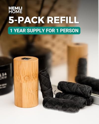 Bamboo Charcoal Dental Floss Refills, Bambo Woven Fibres, 5 x 33 Yards, Organic Refillable Dental Floss, Natural Floss, Eco-Friendly Floss. Plant-Based Candelilla Wax Floss with Natural Mint Flavoring
