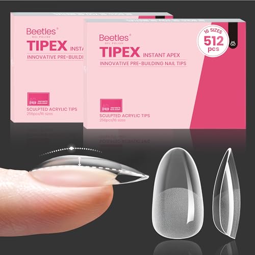 Beetles Tipex Instant Apex Nail Tips Short Oval, 512Pcs 16 Sizes Pre-Building & Pre-Etched Gel Nail Tips Thicker Acrylic Nails Strong Full Cover False Nail Extension Press-on Nails for Flat Nails