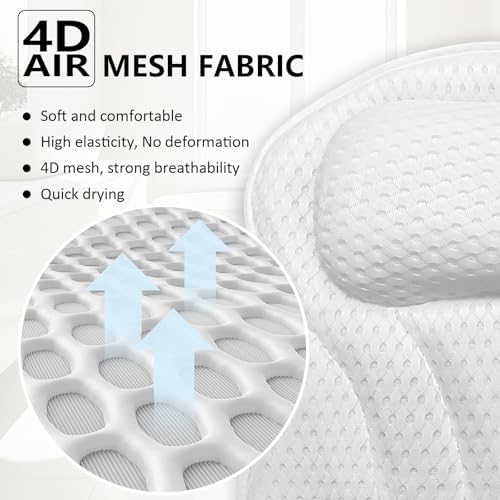 Bath Pillow for Bathtub, 4-Inch Thick Ergonomic Head Neck Support, 6 Strong Suction Cups, Breathable 4D Air Mesh – Machine Washable, Quick Dry, Luxury Spa Accessories (White, 17.3” x 16.7”)