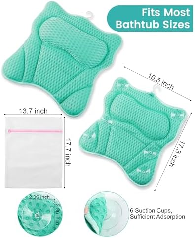 Bath Pillow, Bath Pillows for Tub Neck and Back Support, Soft 4D Air Mesh Bathtub Pillow 16.5 x 17.3 INCH, with 6 Powerful Suction Cups, Bath Accessories Relaxing Gifts for Women (Lake Blue)
