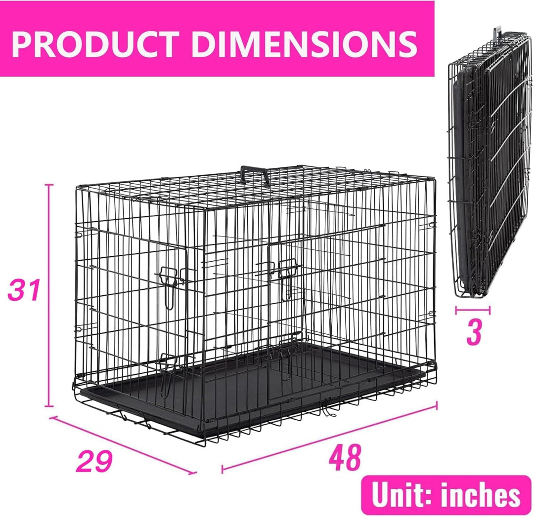 FDW 48 inch Foldable Metal Dog Crate for Large Dogs, Double Door, Divider, Removable Tray(Black)