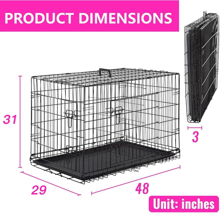 FDW 48 inch Foldable Metal Dog Crate for Large Dogs, Double Door, Divider, Removable Tray(Black)