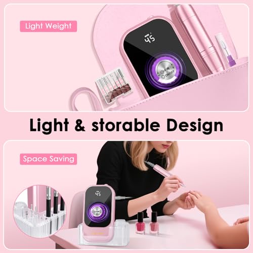 Professional Electric Nail Drill File, HUGMAPLE 45000RPM Portable E-File Machine with Bits & Base, Rechargeable Cordless Nail Drill Kit for Shaping, Removing & Polishing Gel Nails for Salon Home