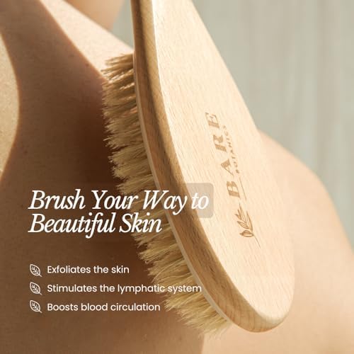 Bare Botanics 17" Dry Brushing Body Brush - Medium Firmness, Natural Color & Silicone Grip - Extra Long Bath Brush - Ergonomic Curved Handle Design w/Hang Rope - Back Scrubber for Shower
