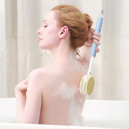 Shower Brush with Soft and Stiff Bristles,16"-24" Long Adjustable Telescopic Massage Handle,Dual-Sided Back Scrubber Bath Brush Body Exfoliator for Wet or Dry Brushing