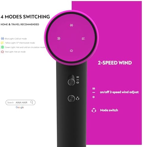 AINA Hair Dryer, Blow Dryer - Brushless Motor, 110,000 RPM Lightweight, Ionic Travel 110V/ALCI Plug(Sexy Rose)