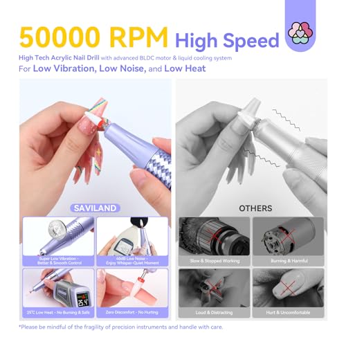 SAVILAND 50000RPM Nail Drill for Acrylic: 2025 Pro High Tech Fast Removal Electric Nails Drill Kit 6000mAh Rechargeable Machine Professional Drill Bit Nail File Buffer Tools Salon Manicure Pedicure