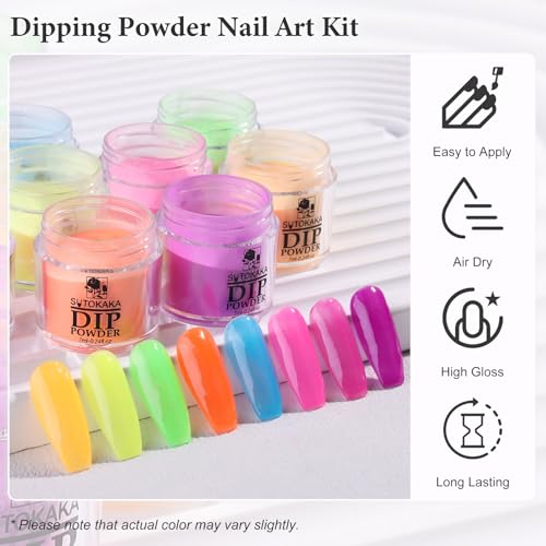 Dip Nail Powder Starter Kit with Recycling Tray System, 8 Colors Bright Neon Pastel Summer Colors Acrylic Powder Nail Design Set Home DIY Accessories 21Pcs