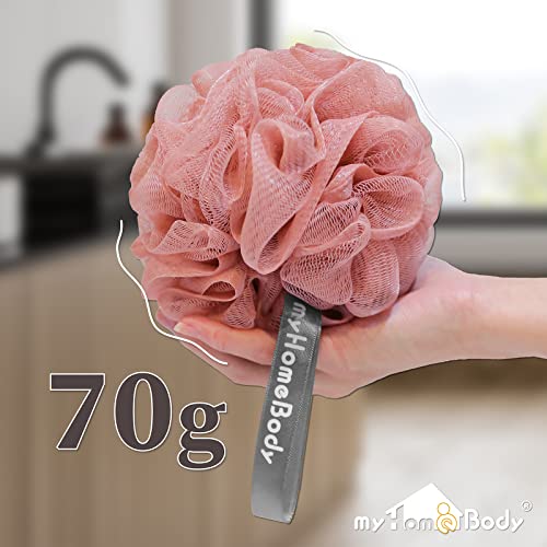 myHomeBody Large 70g Loofah Sponge, Body Scrubber, Bath Sponge, Loofah for Women, Men, Exfoliating Sponge Shower Pouf with Activated Charcoal - 3 Pack, 2 Coral Red + 1 Peach